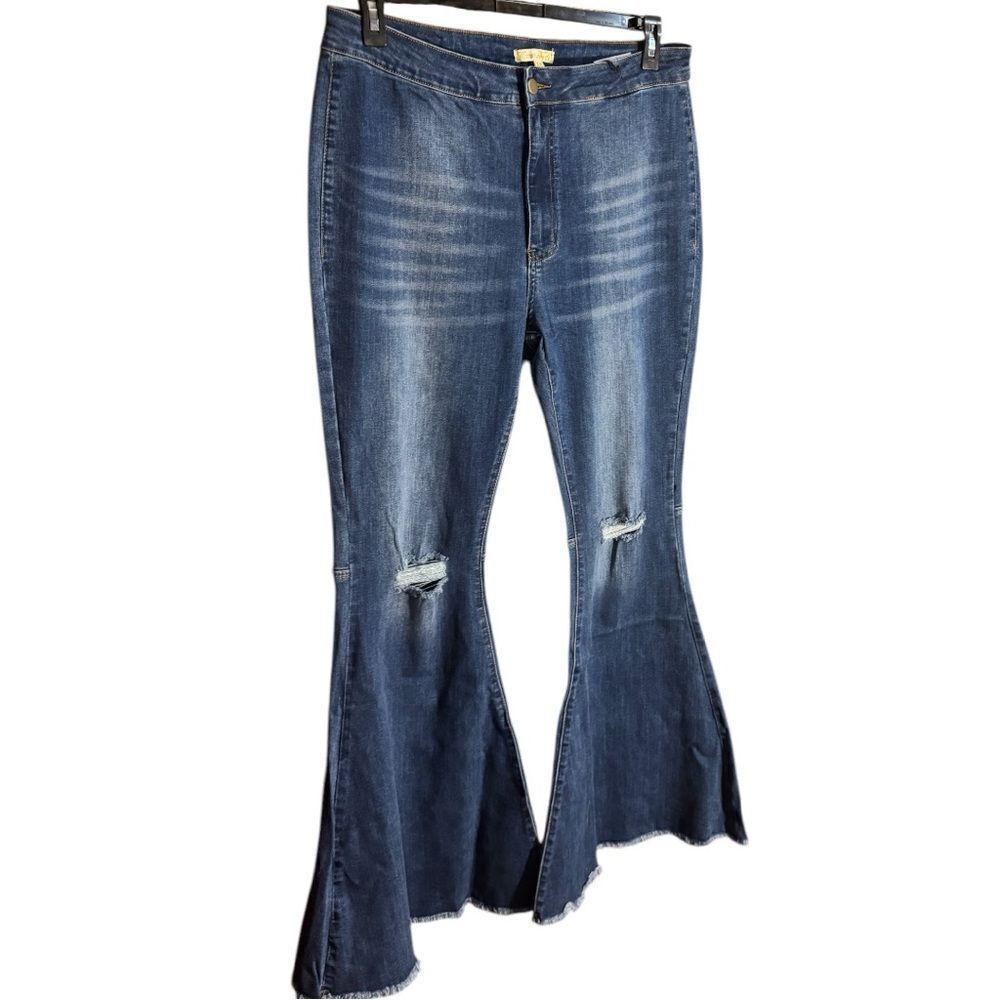 Mid Wash Distressed Knee Flare Jeans | High Rise Stretch | Raw Hem | NWT - Picture 12 of 16